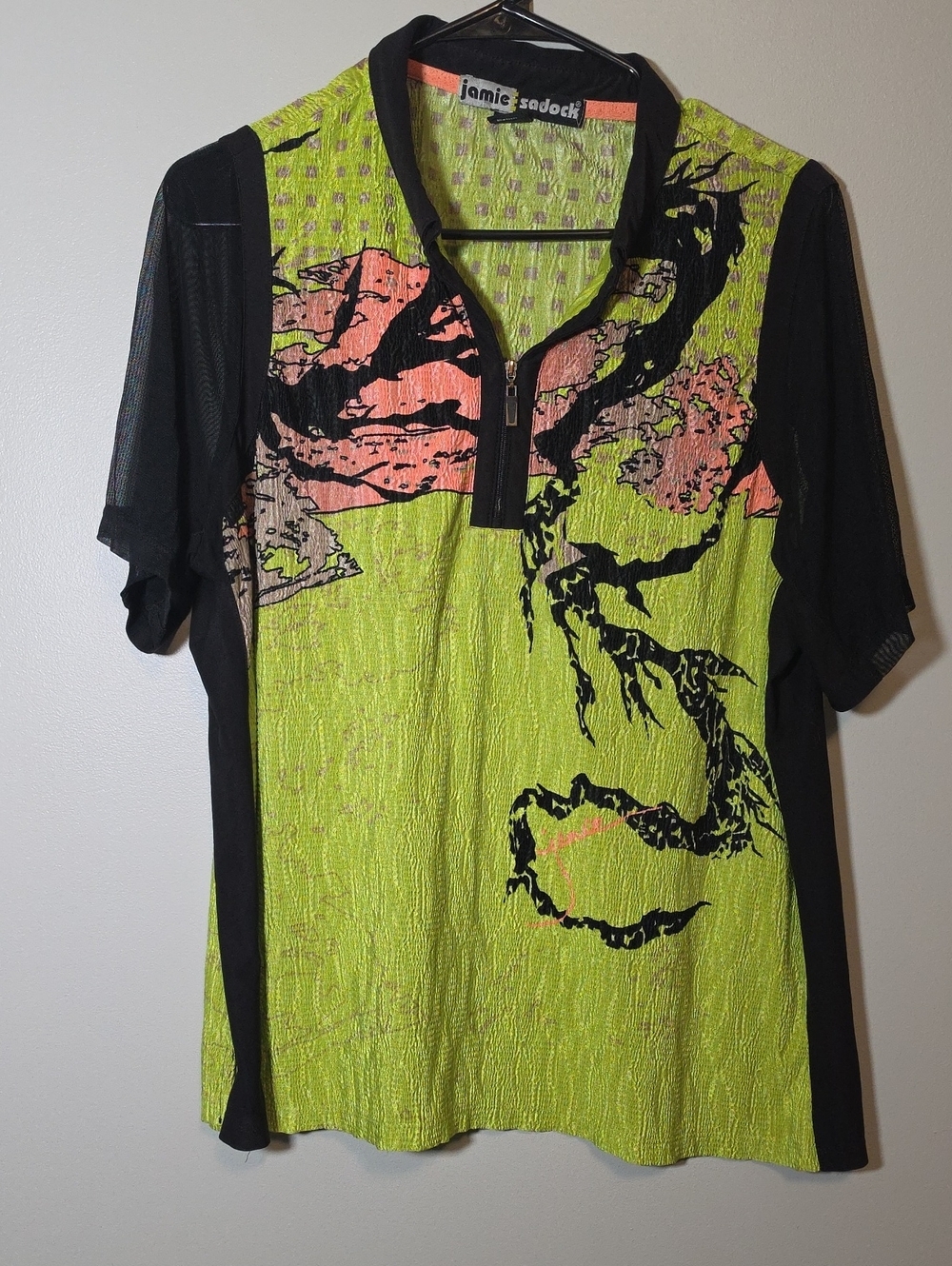 jamie sadock Lime Green & Coral Abstract Zip Polo with Black Accents